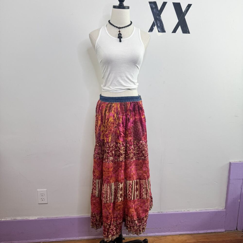 Vintage 90s Red Floral Cotton Patchwork Maxi Skirt Denim Trim Boho Hippie 6P